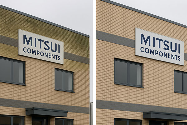 External building cleaning montage in Prescot: cladding soft-wash, roof and gutter clean, car-park jet wash