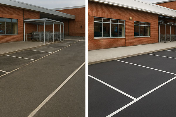 Before and after car park cleaning in Galston showing oil and gum removal