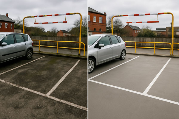 Night shift car park cleaning in Galston with barriers, signage and hot-water washing