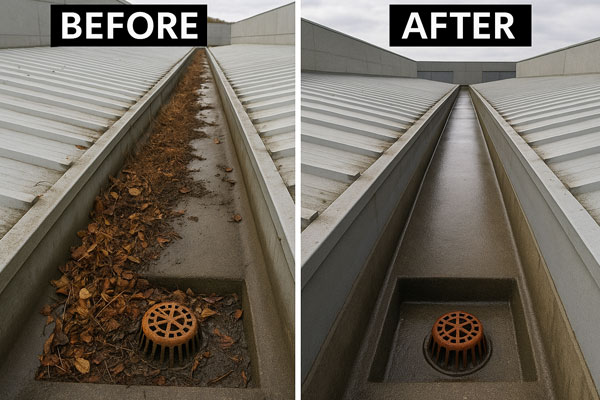 Before and after gutter clearing in Halesowen with vegetation and silt removed