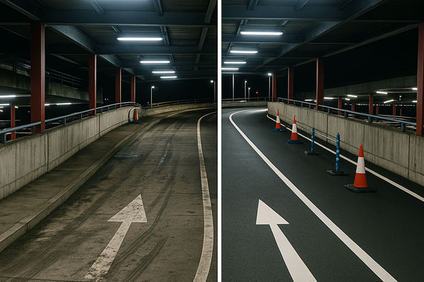 Before and after car park cleaning in Loanhead with oil and gum removed
