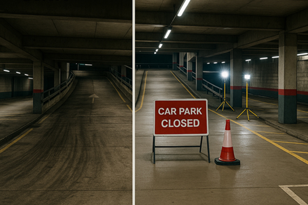 Before and after car park cleaning in Angel showing gum and oil removal