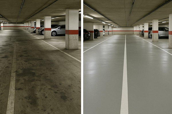 Night shift car park cleaning in Angel with cordons, signage and hot wash