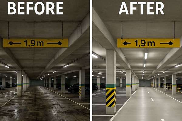 Night shift car park cleaning in Kidwelly with barriers, signage, and hot-water washing