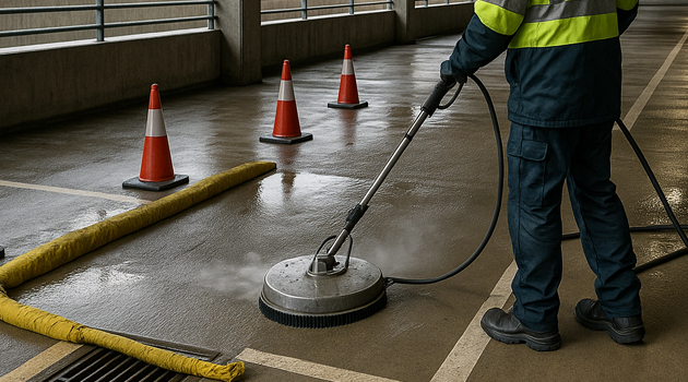 Montage showing oil pre-treatment, gum removal and hot-water rinsing in a UK car park