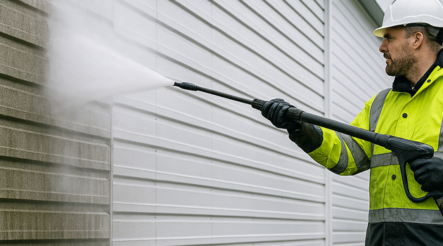 Before and after: restored colour and finish on metal cladding following soft-wash and rinse