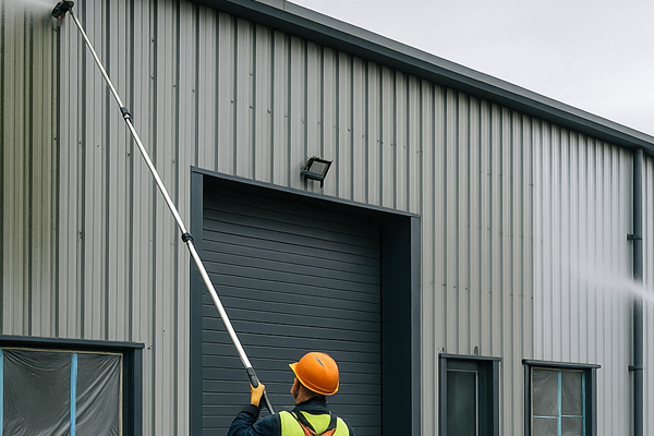 Technicians cleaning metal cladding on a commercial unit in Oadby