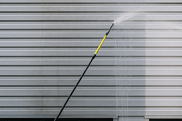 Technicians cleaning metal cladding on a commercial unit in Stanley