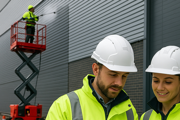 High level cladding cleaning using MEWPs and water fed poles in Stanley