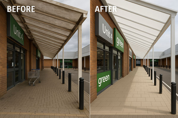 Before and after external cladding cleaning example in Prescot
