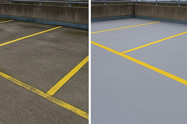 Before and after car park cleaning in Bristol showing oil and gum removal