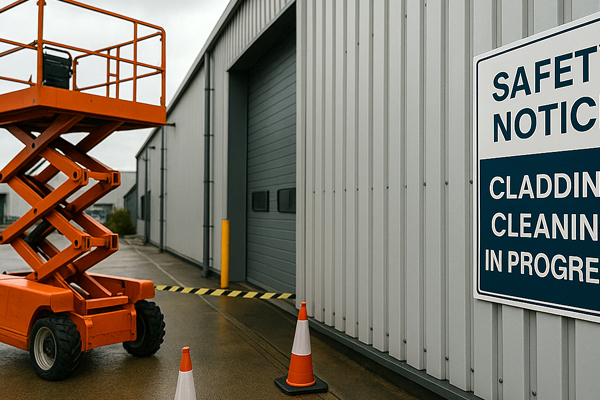 Before and after example of metal cladding cleaning at a unit in Hook