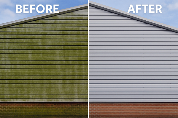 High level cladding cleaning with MEWP access and water-fed poles in Hook