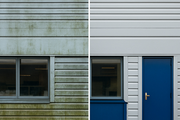 Cladding cleaning operatives working safely at height in Hook