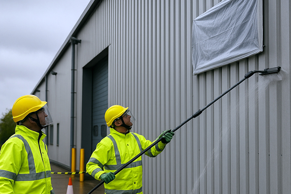 Cladding cleaning team using soft-wash and low-pressure rinse on metal panels in Hook
