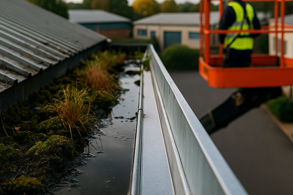 Before and after gutter cleaning in Llanelli showing vegetation and silt removal