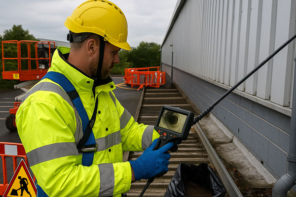 Engineer in Llanelli performing downpipe unblocking and camera verification