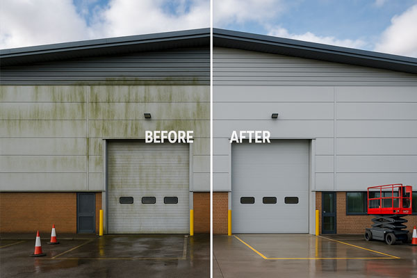 External building cleaning on commercial cladding in Prescot