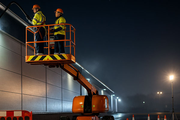 Night shift gutter cleaning in Llanelli with MEWP and barriers