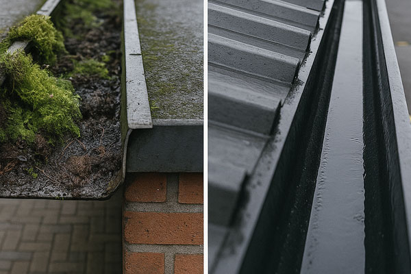 Before and after industrial gutter cleaning in Belvedere showing silt and vegetation removal