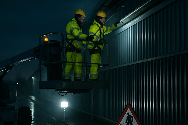 Night shift industrial gutter cleaning in Belvedere with MEWP and barriers at a retail park