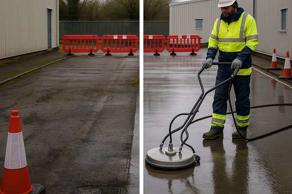 Degreasing and hot-water pressure washing in a service yard