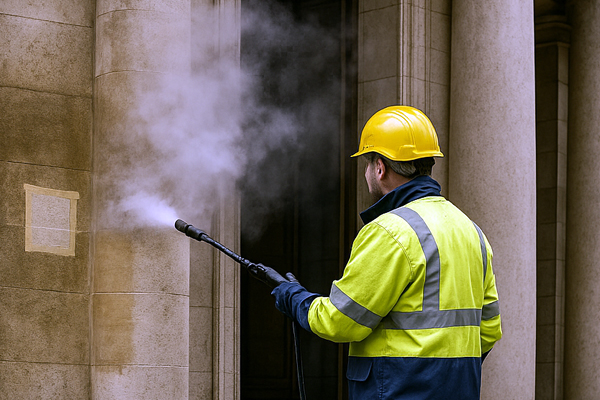 Before and after building cleaning in Upper Clapton showing improved cladding finish