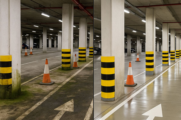 Night shift car park cleaning in Loanhead with barriers, signage and phased bay closures
