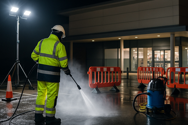Montage of building cleaning in Mitcham for cladding, roofs and car parks