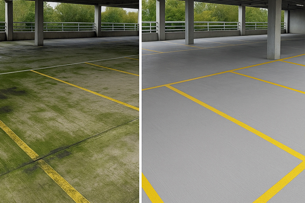 Night shift car park cleaning in Bristol with barriers, signage and hot-water washing