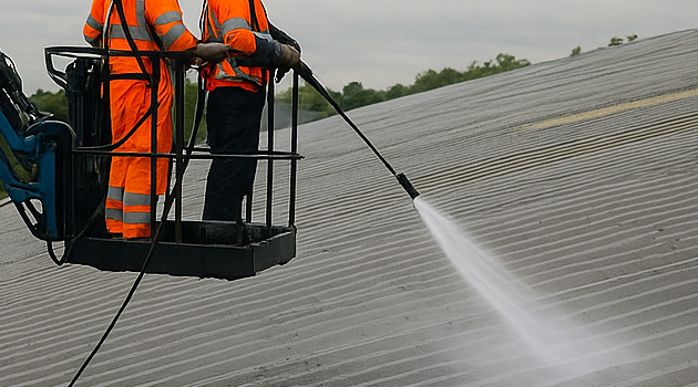 Commercial roof cleaning UK on a warehouse roof using softwash and MEWP access