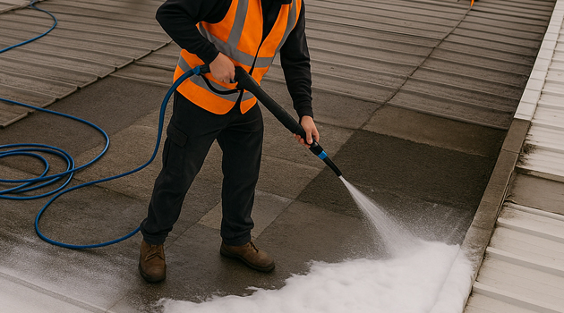 Night shift roof cleaning with MEWP access, barriers and signage in place