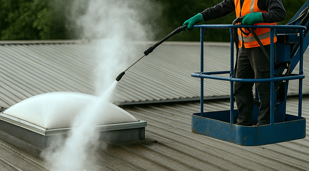 Close-up of roof cleaning detail around fixings and skylight edges