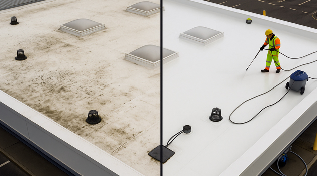 Commercial roof cleaning in Rossendale using soft-wash and MEWP access