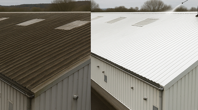 Before and after roof cleaning showing moss and algae removal on a profiled steel roof in Rossendale