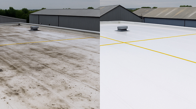 Close-up of roof cleaning detail around fixings and skylight edges in Rossendale