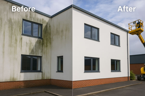 Building cleaning montage in Millport showing façade wash, roof and gutter care, and car park jet wash